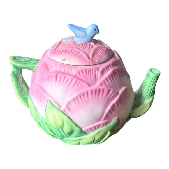 Avon Teapot Decorative 1995 Source of Fine Collectibles Pink Rose Blue Bird Leaf - Picture 2 of 8